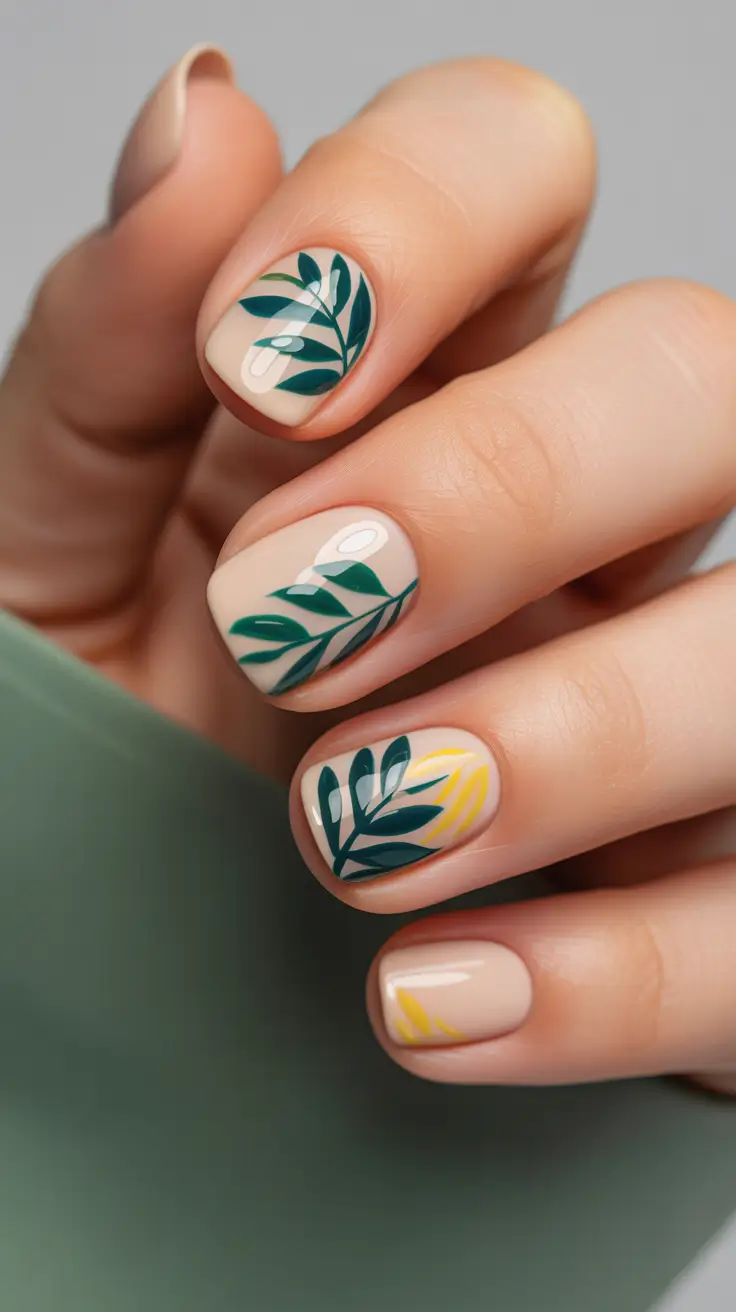 spring short nails Botanical Green Accent on Nude Base