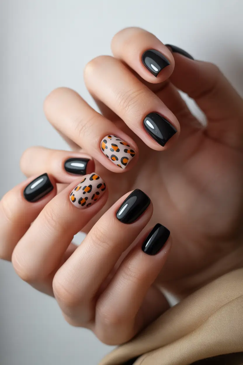 spring short nails Black Gloss with Leopard Accent - Bold Spring Contrast