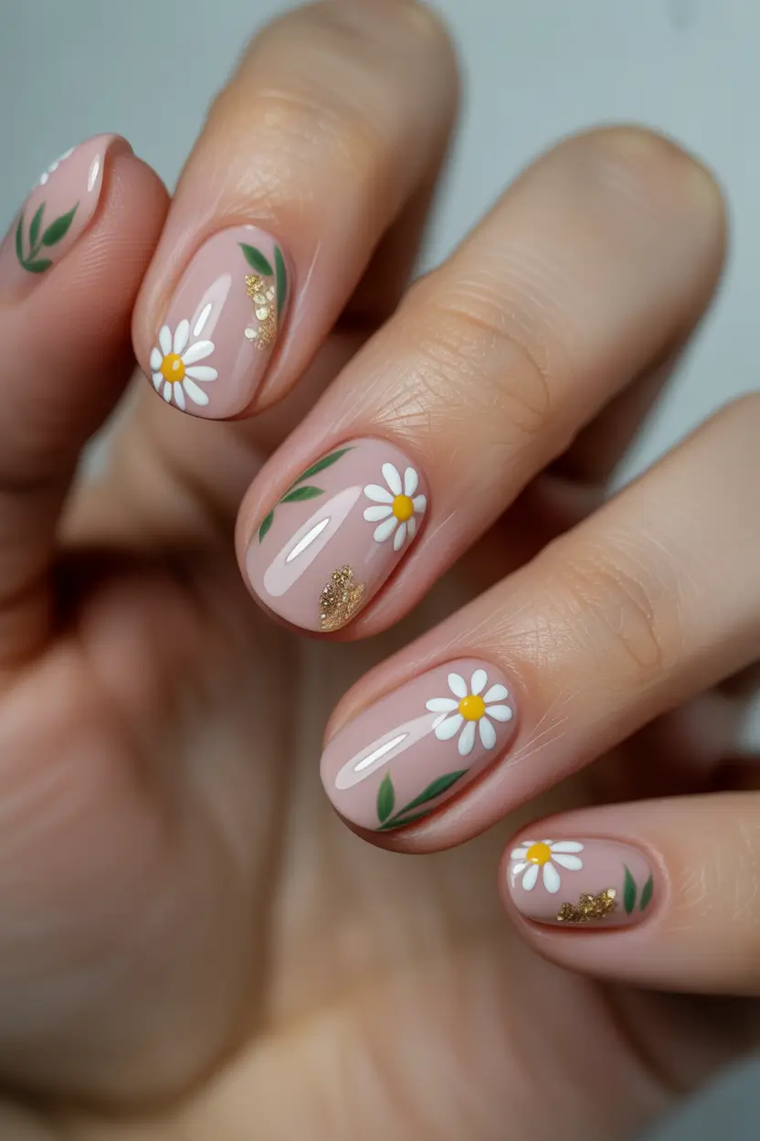 spring short nails Soft Daisy Garden with Gold Touches
