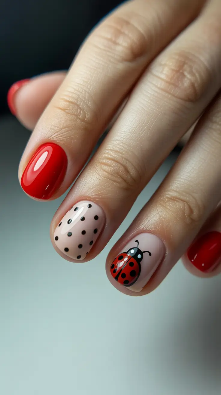 spring short nails Red Pop with Polka Dot Ladybug - Playful Spring Art