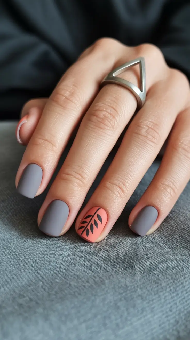 spring short nails Matte Grey with Coral Botanical Accent - Modern Nature