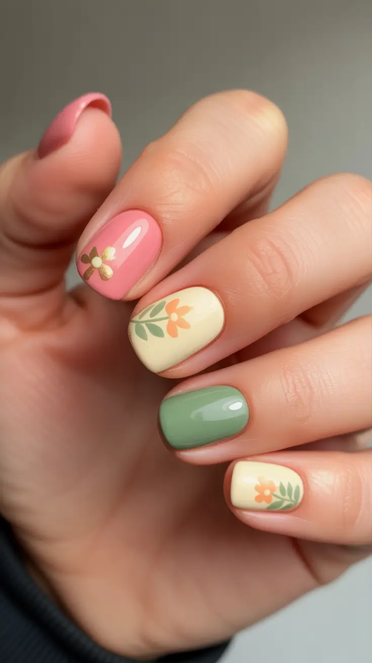 spring short nails Pastel Garden Mix - Soft Pink and Green Harmony