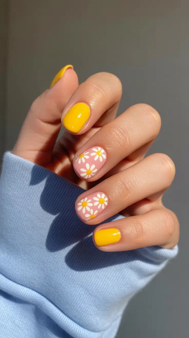 spring short nails Sunny Daisy Mix - Yellow and Pink Bloom Energy