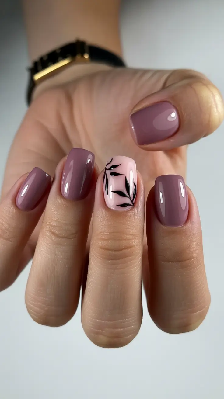 spring short nails Mauve Gloss with Delicate Black Botanical Accent