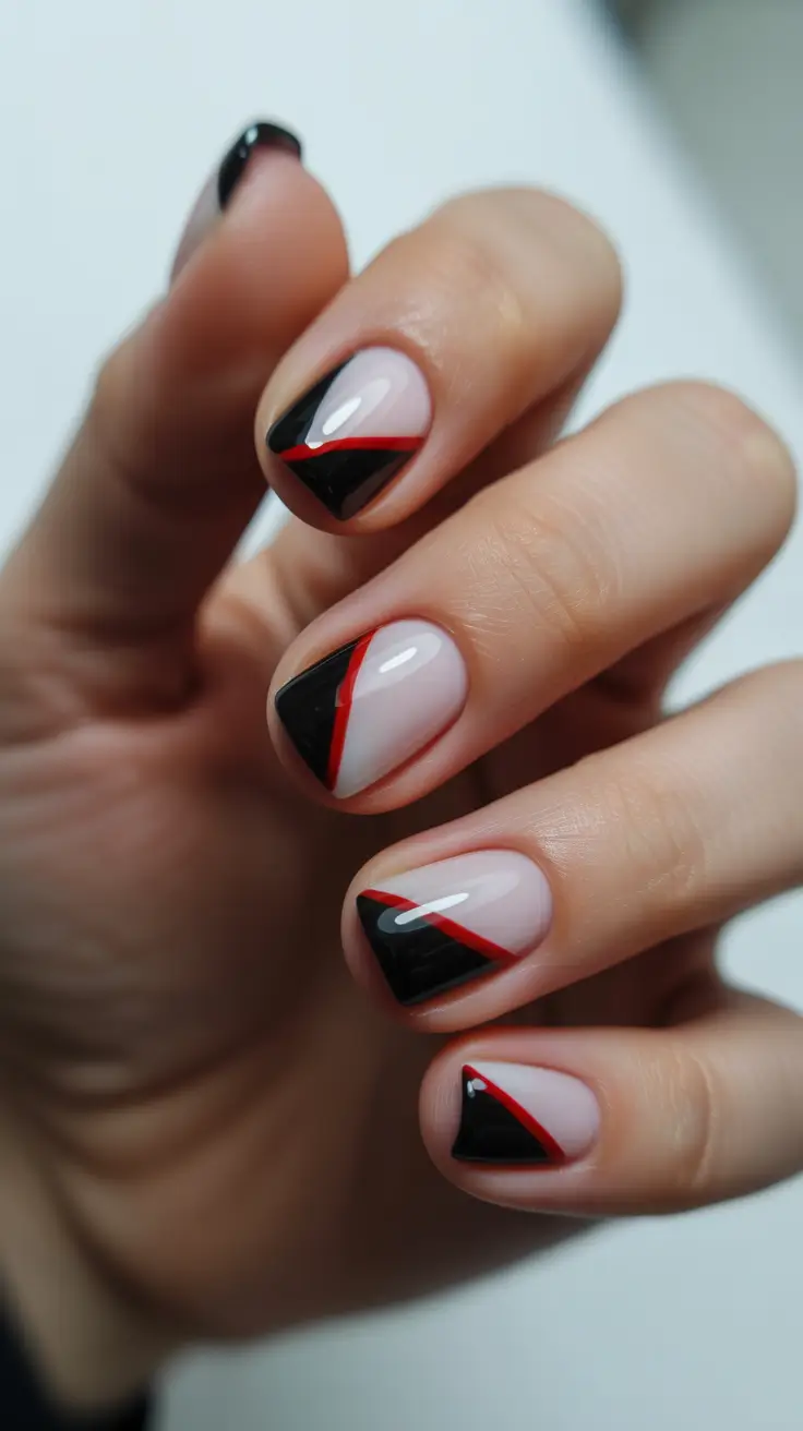spring short nails Graphic Black and Red Angles - Modern French Reinvented