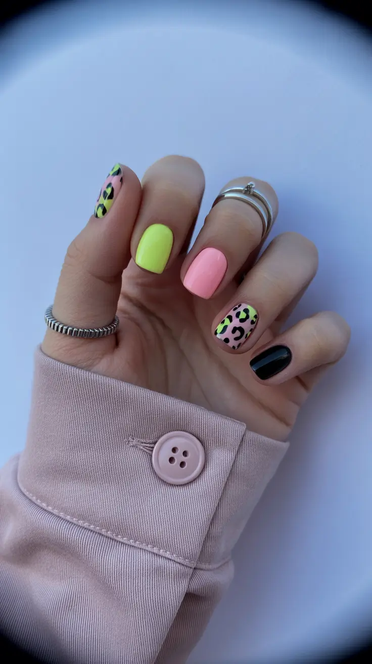 spring short nails Neon Pink and Green Leopard Mix - Playful Pattern Clash