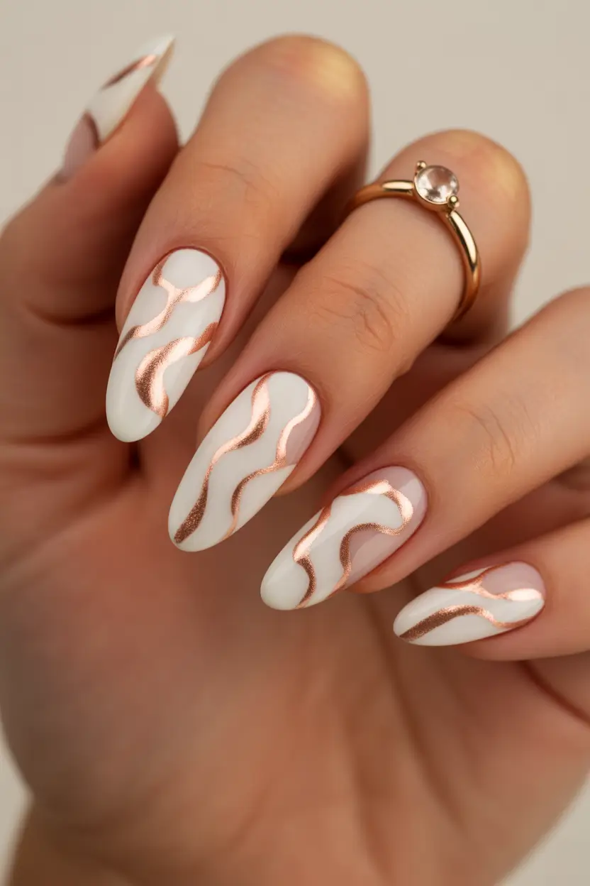 spring vacation nails milky white almond rose gold waves