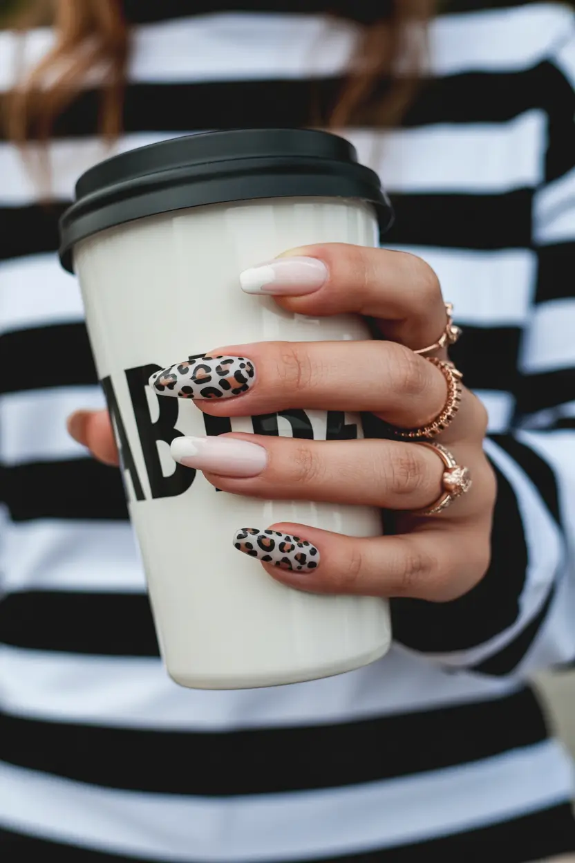 spring vacation nails white almond leopard design