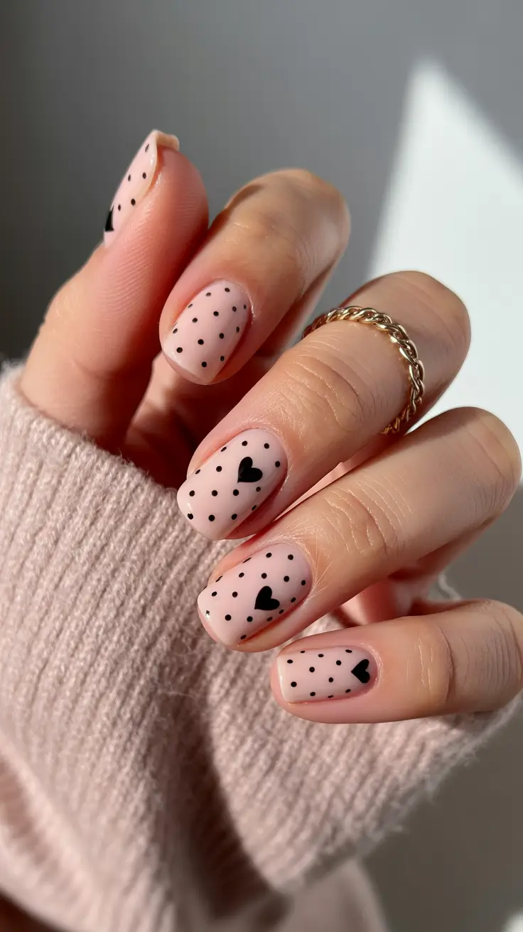 spring vacation nails short pink polka dot hearts design
