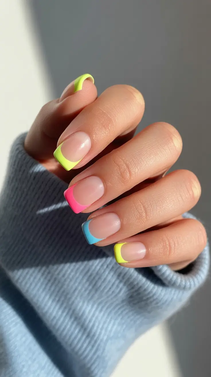spring vacation nails square short neon french tip design