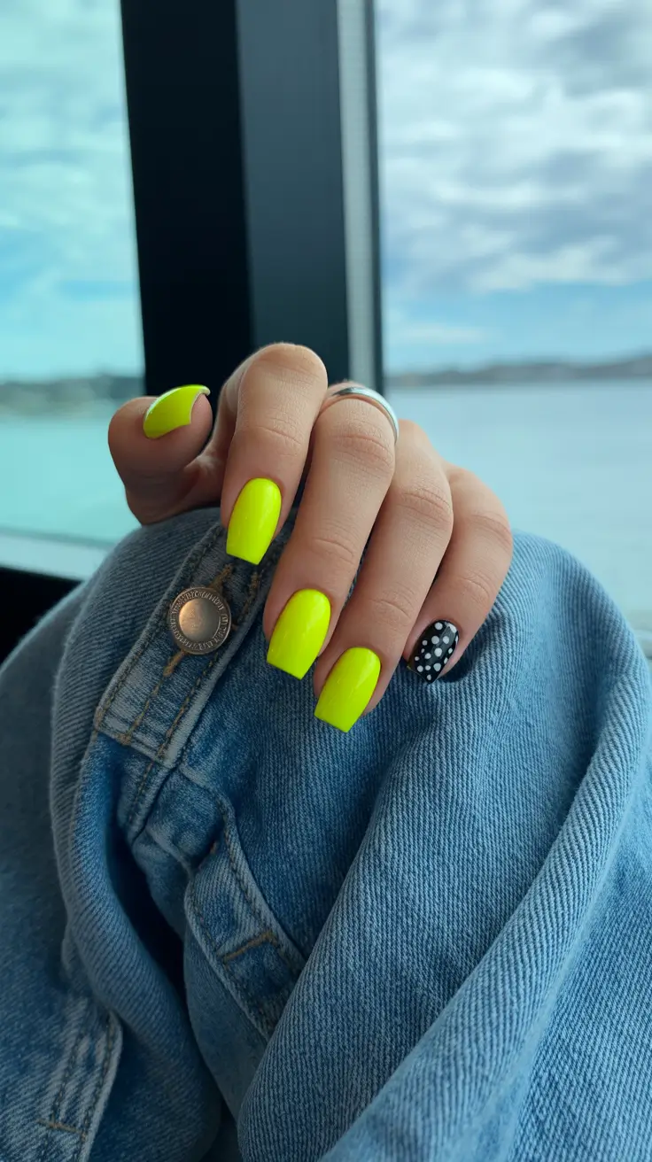 spring vacation nails bright yellow square polka dot design