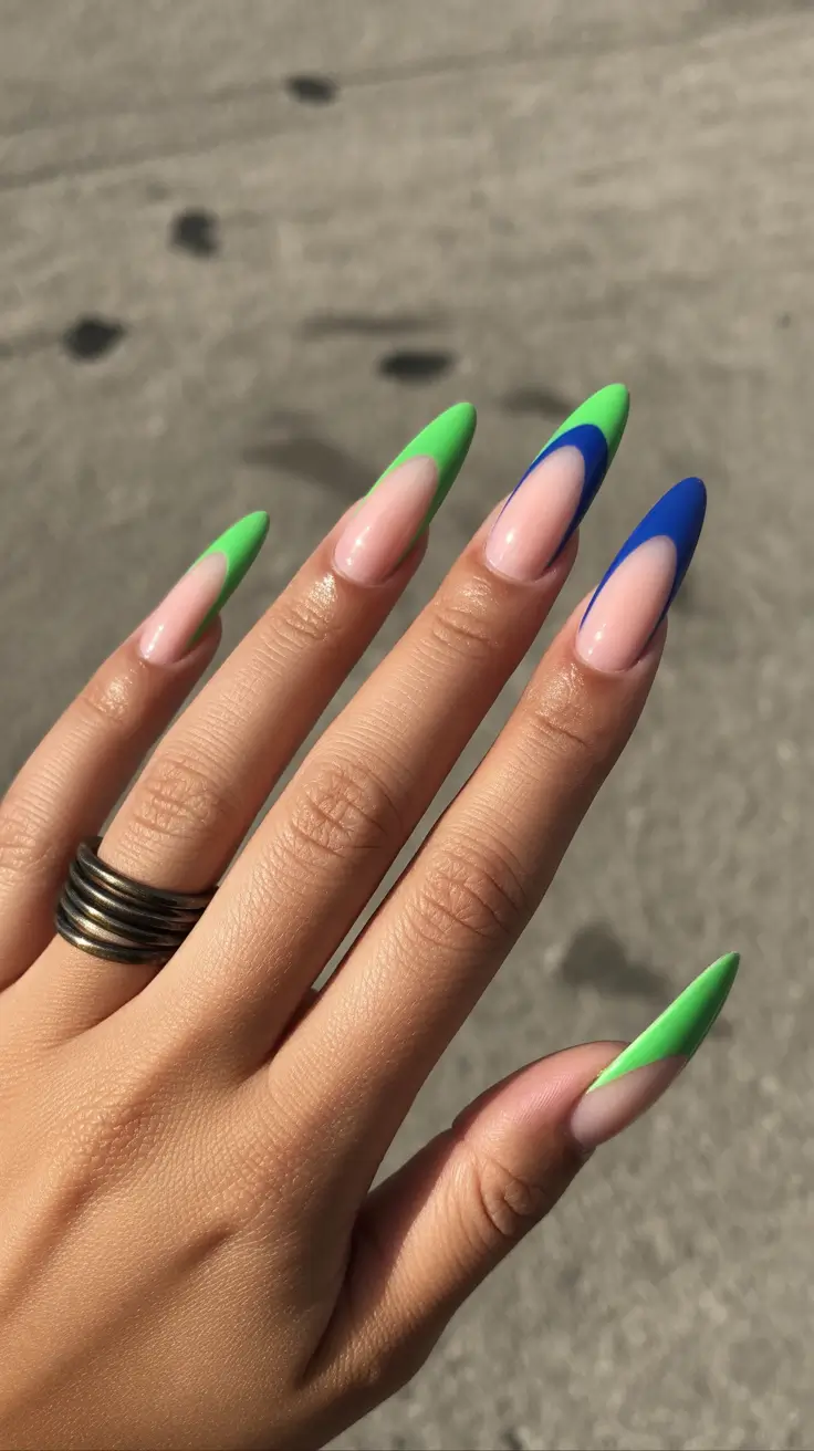spring vacation nails green blue almond french tip design