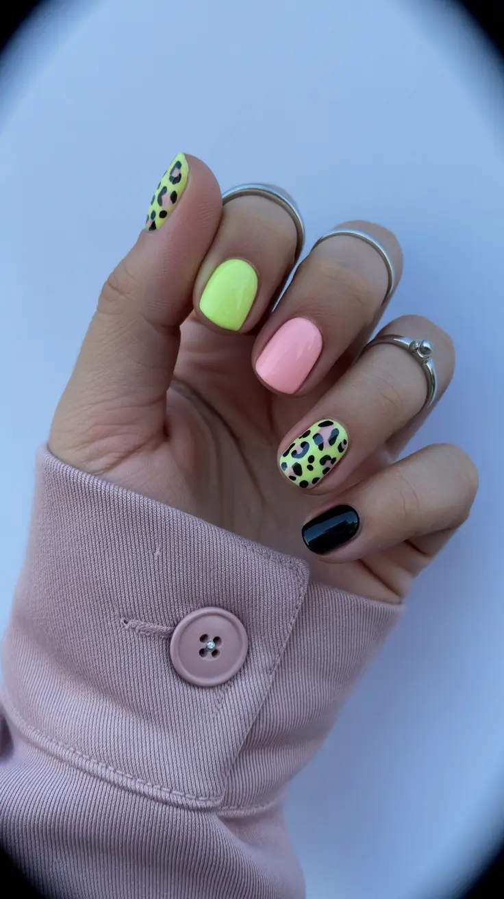 spring vacation nails short neon leopard design