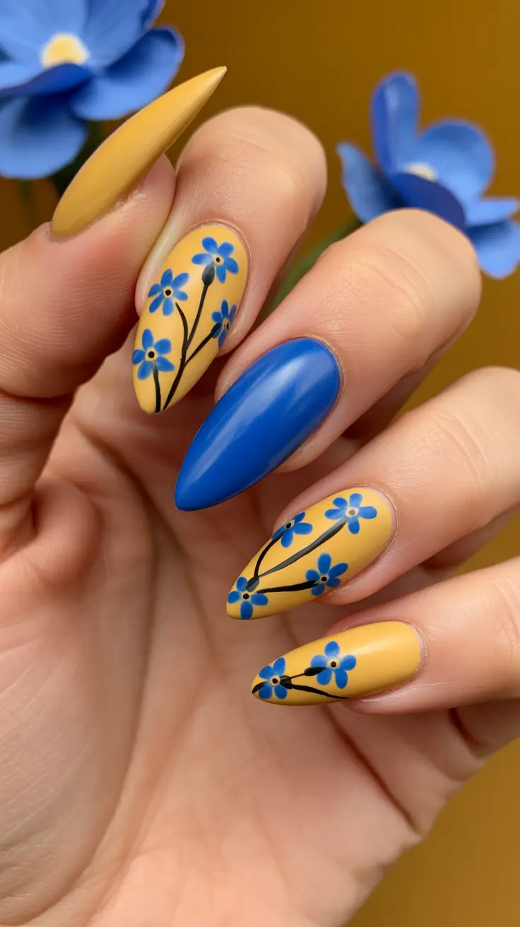 spring vacation nails yellow blue floral almond design