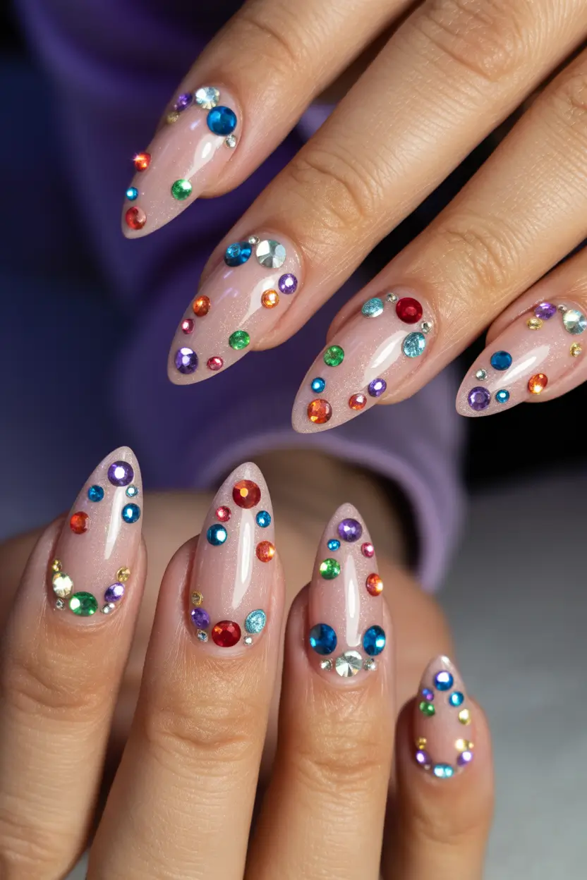 spring vacation nails rhinestone almond glam design