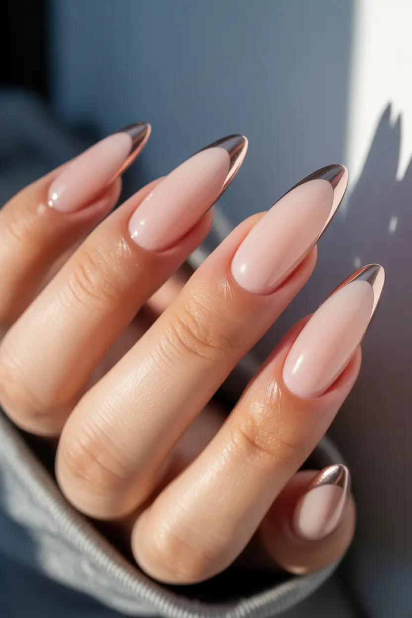 spring vacation nails nude almond metallic french tip