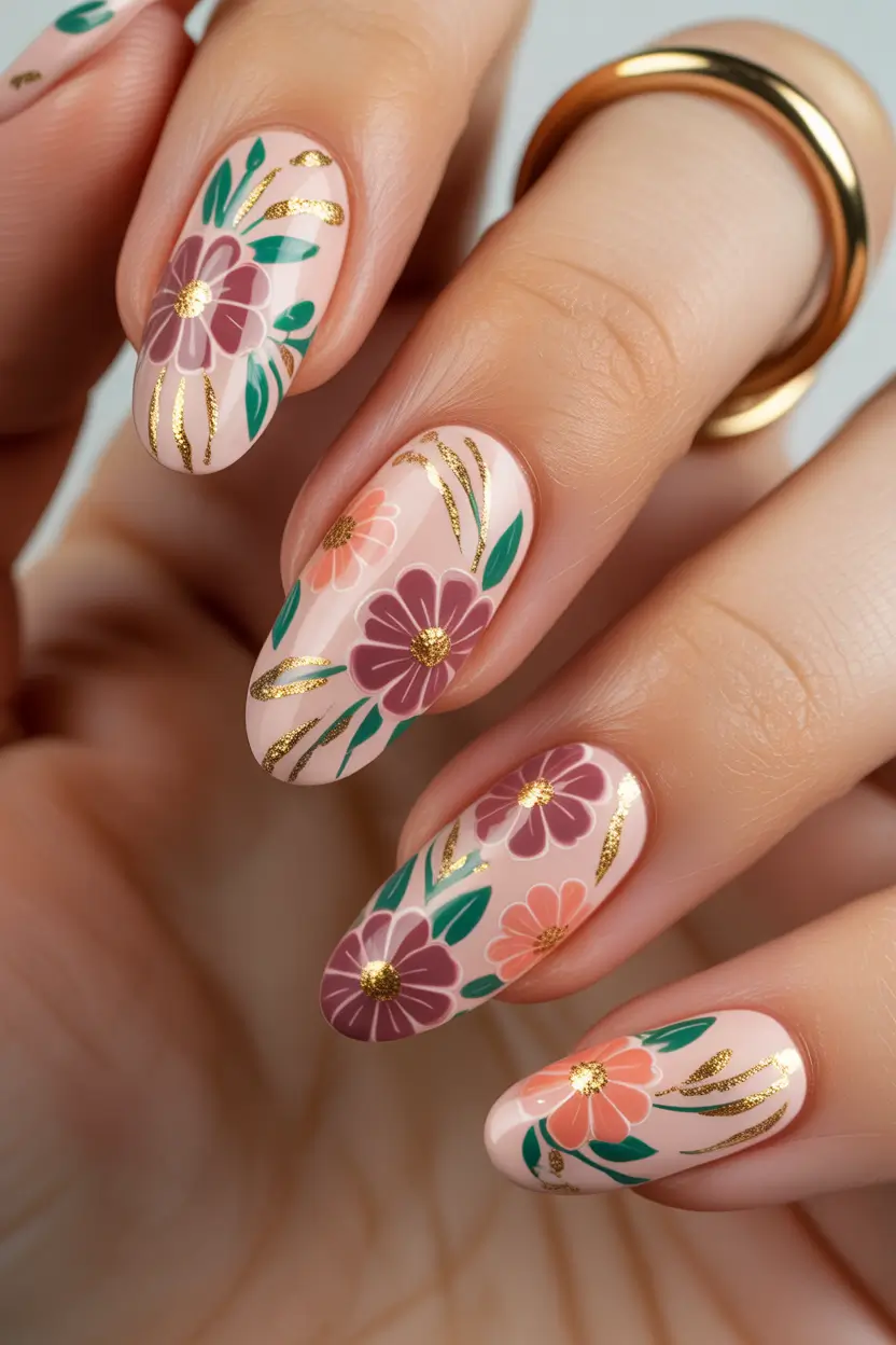 spring vacation nails floral almond gold design