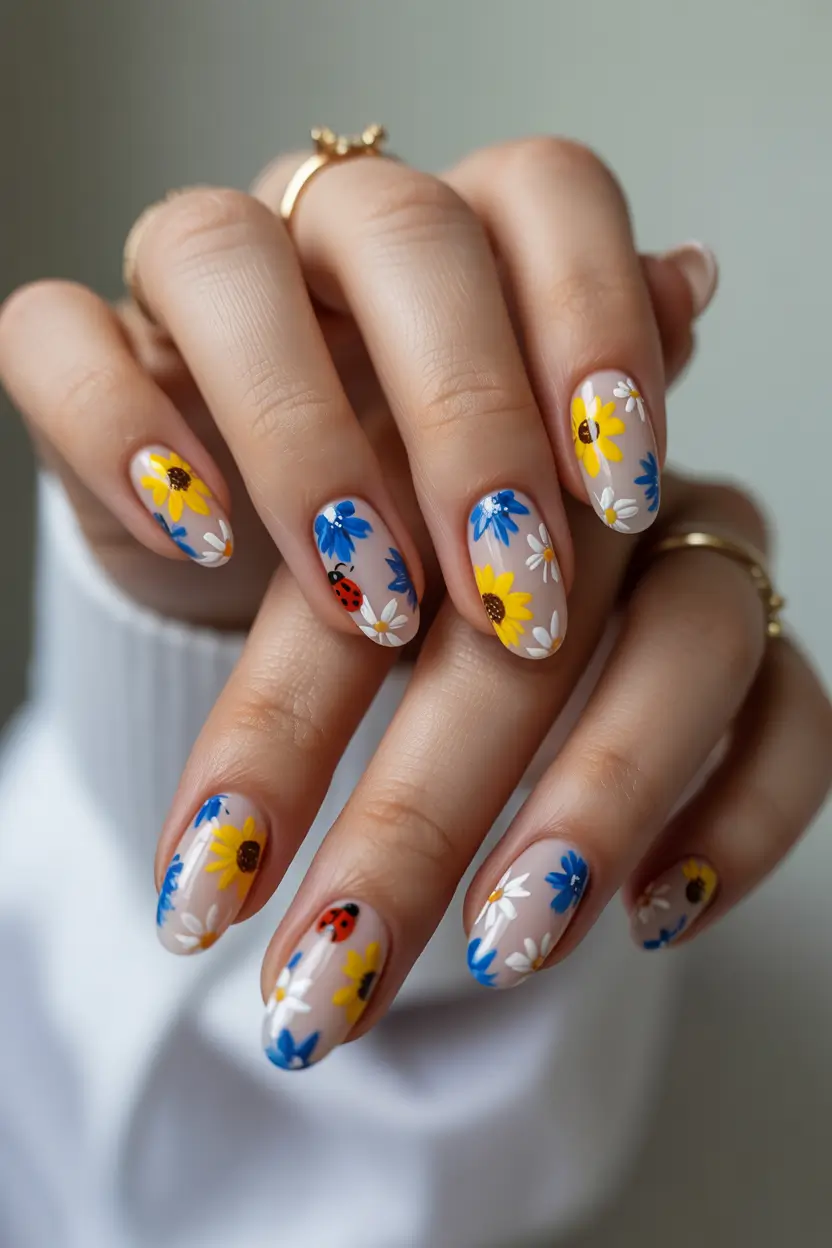 spring vacation nails daisy floral design with ladybug