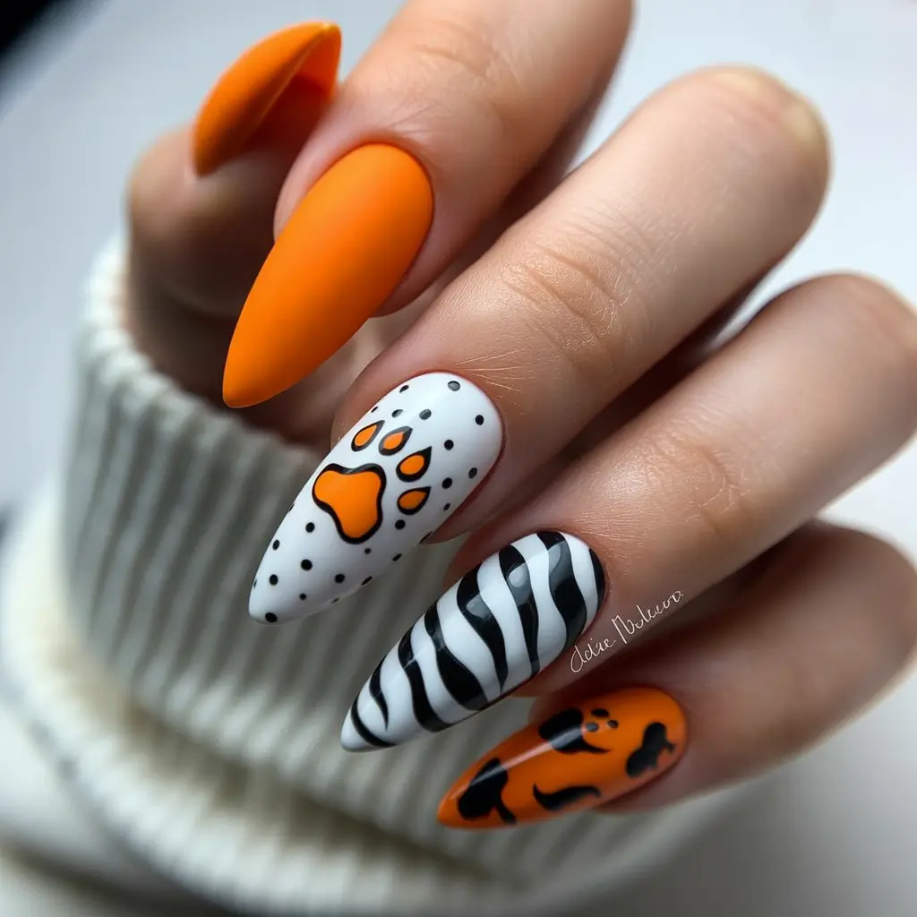 spring vacation nails orange animal print almond design