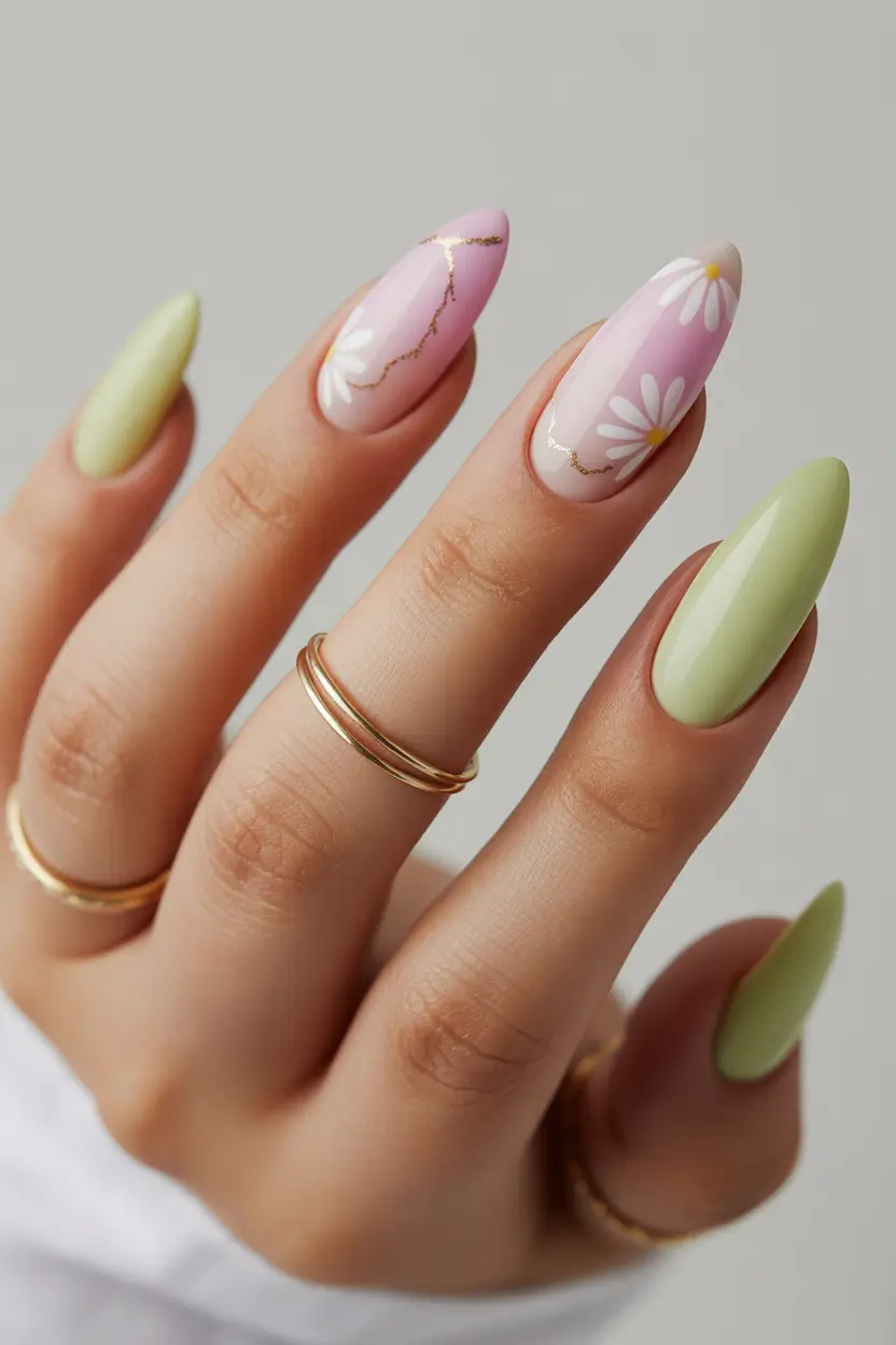 spring vacation nails pastel daisy almond design