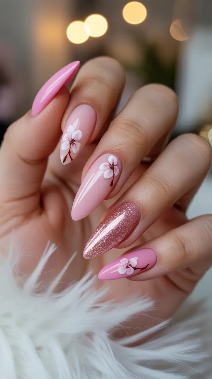 spring vacation nails pink cherry blossom almond design