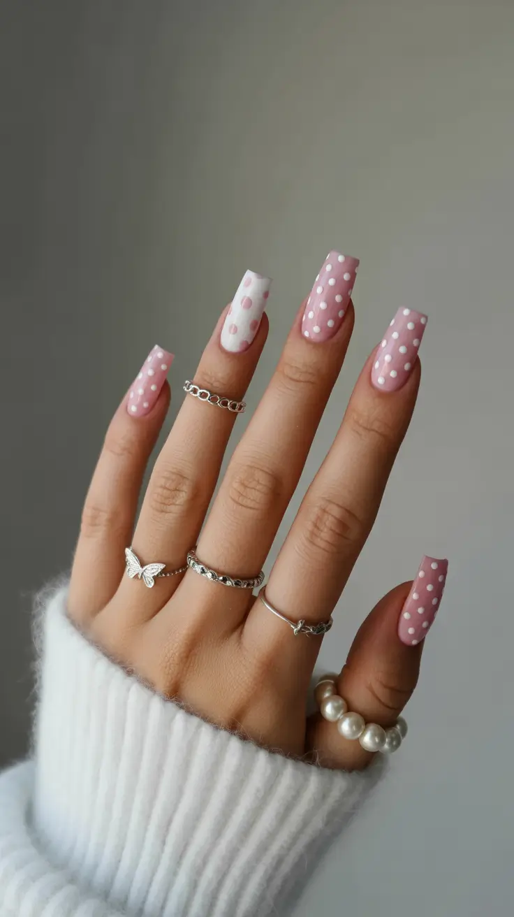 spring vacation nails pink polka dot square design