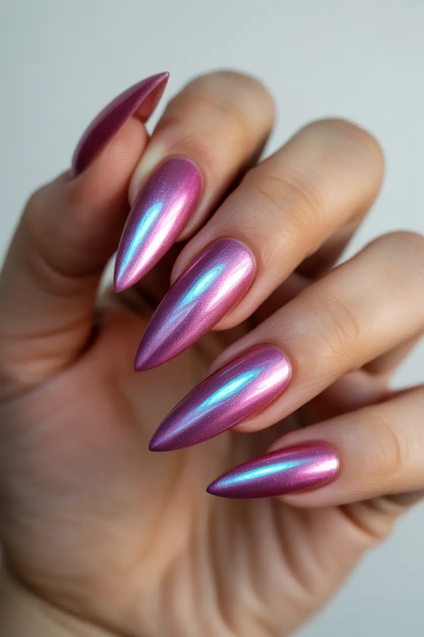spring vacation nails iridescent purple chrome almond