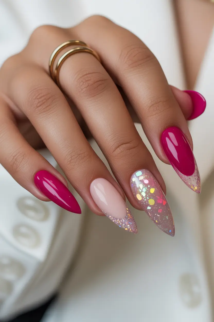 spring vacation nails pink almond glitter confetti design