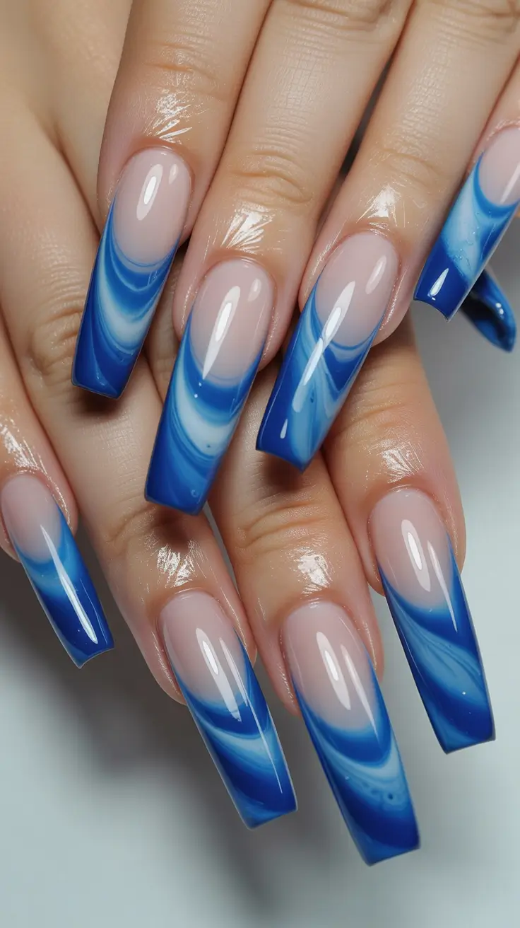 spring vacation nails blue marble square long design