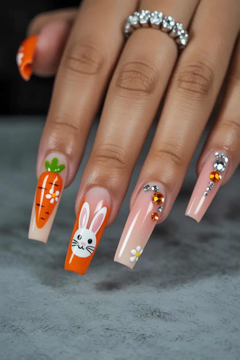 cute easter nail art ideas 2026 Glam Carrot and Bunny Easter Nail Art
