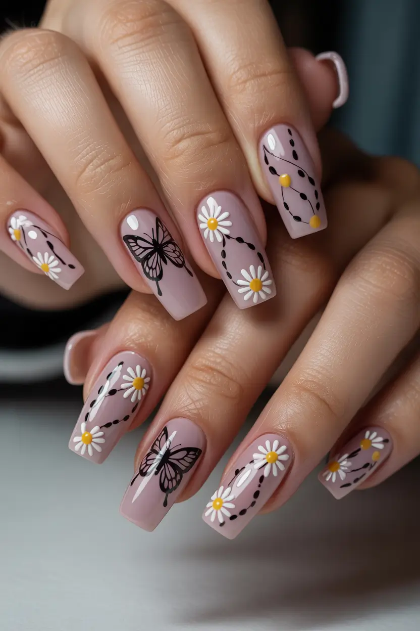 cute easter nail art ideas 2026 Butterfly and Daisy Spring Garden Nail Designs