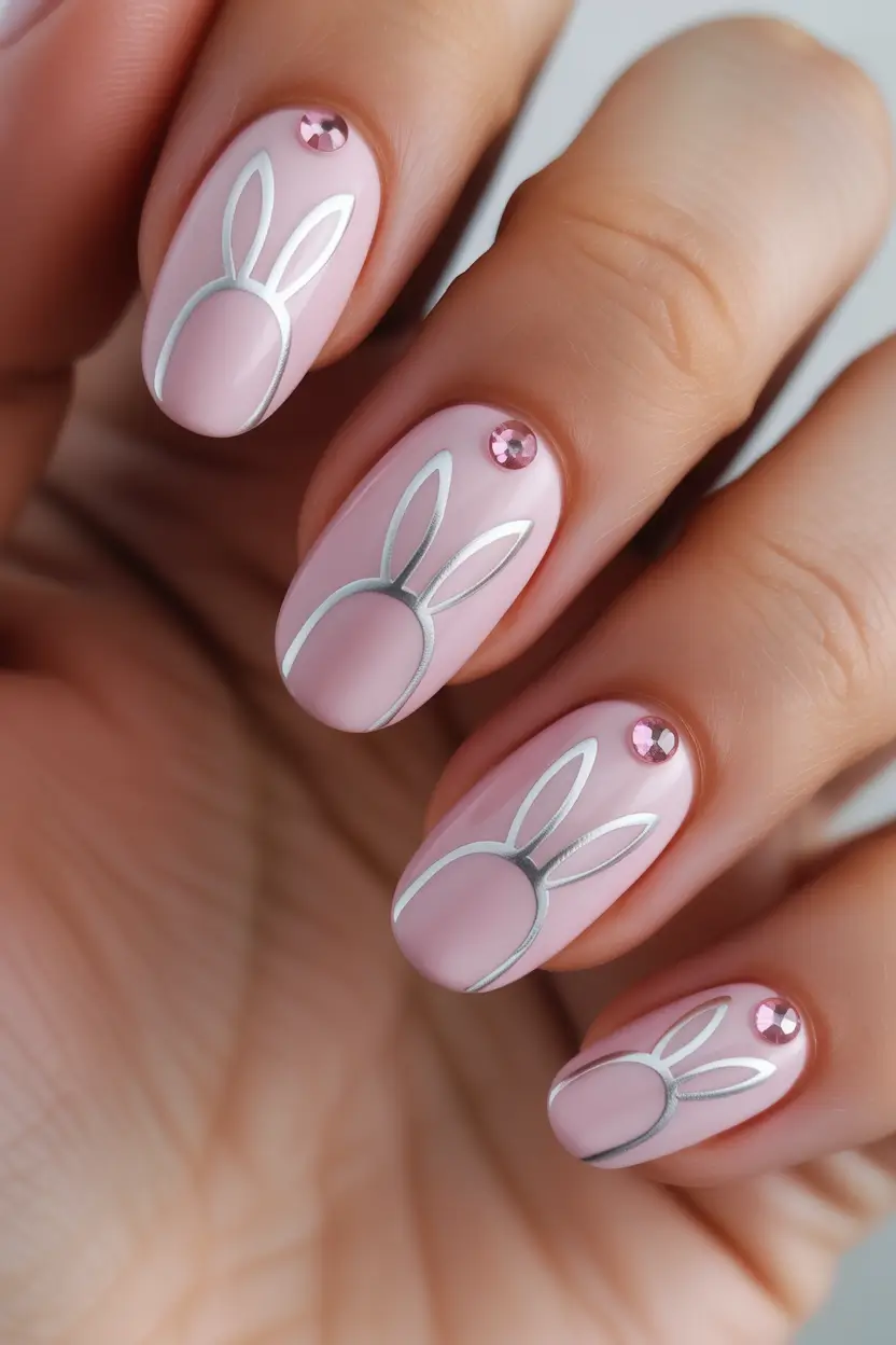 cute easter nail art ideas 2026 Soft Pink Bunny Outline Easter Nail Designs