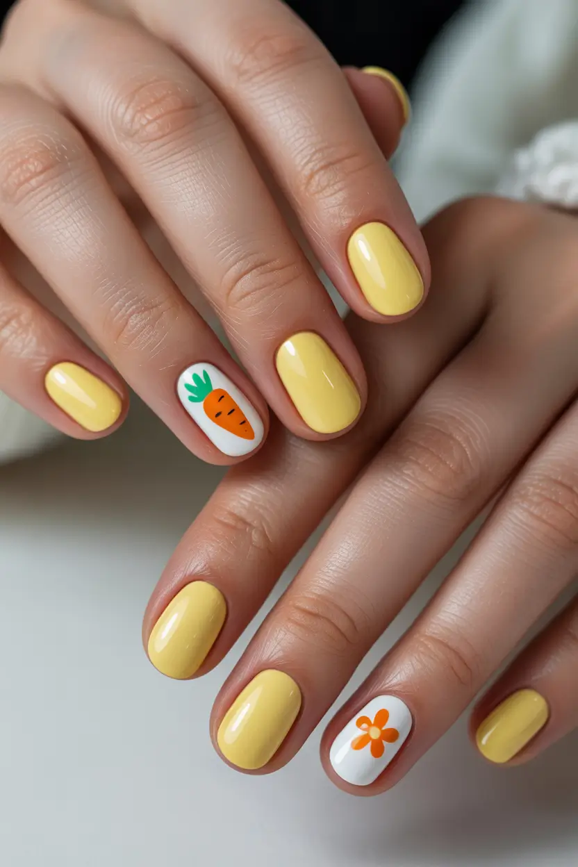 cute easter nail art ideas 2026 Sunny Yellow Carrot Accent Short Easter Nails