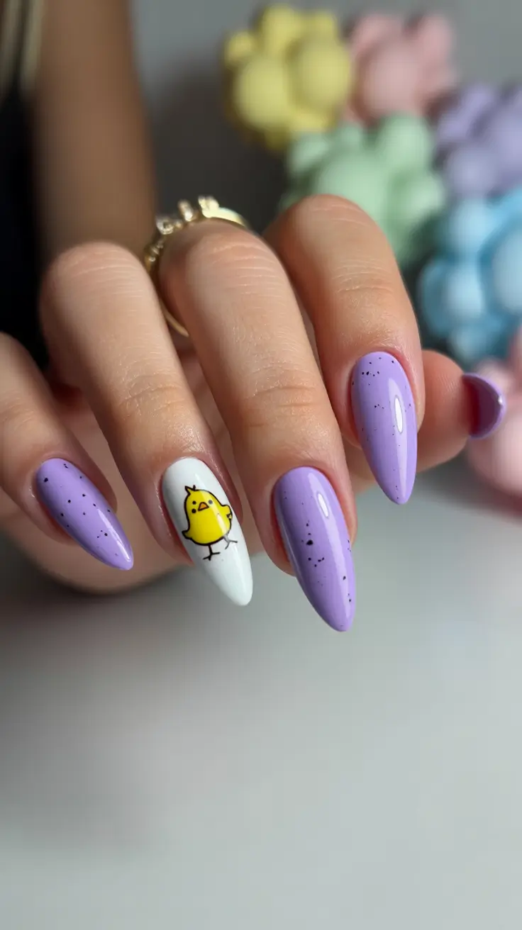 cute easter nail art ideas 2026 Lavender Chick Speckled Easter Nail Art