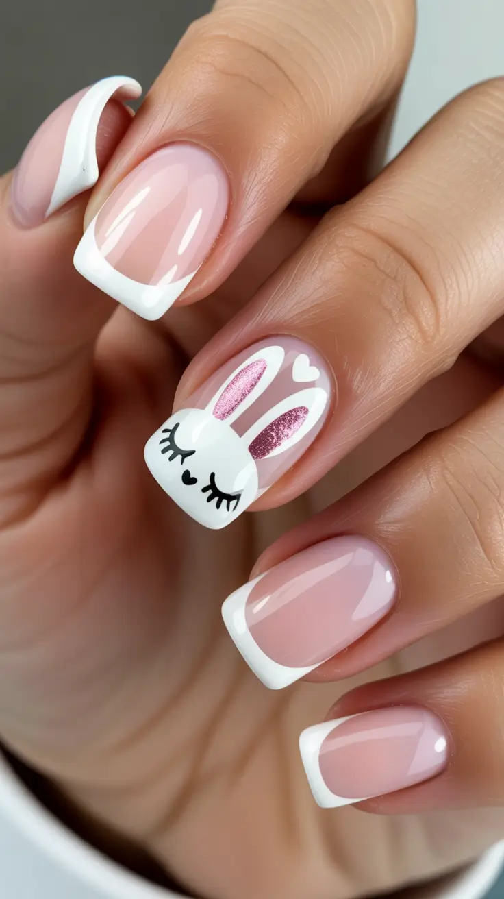 cute easter nail art ideas 2026 Classic French Bunny Easter Nail Designs