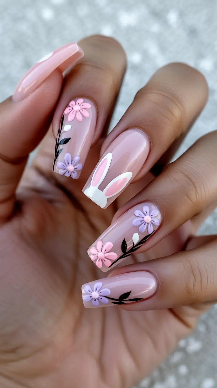 cute easter nail art ideas 2026 Pastel Floral Bunny Spring Nail Designs