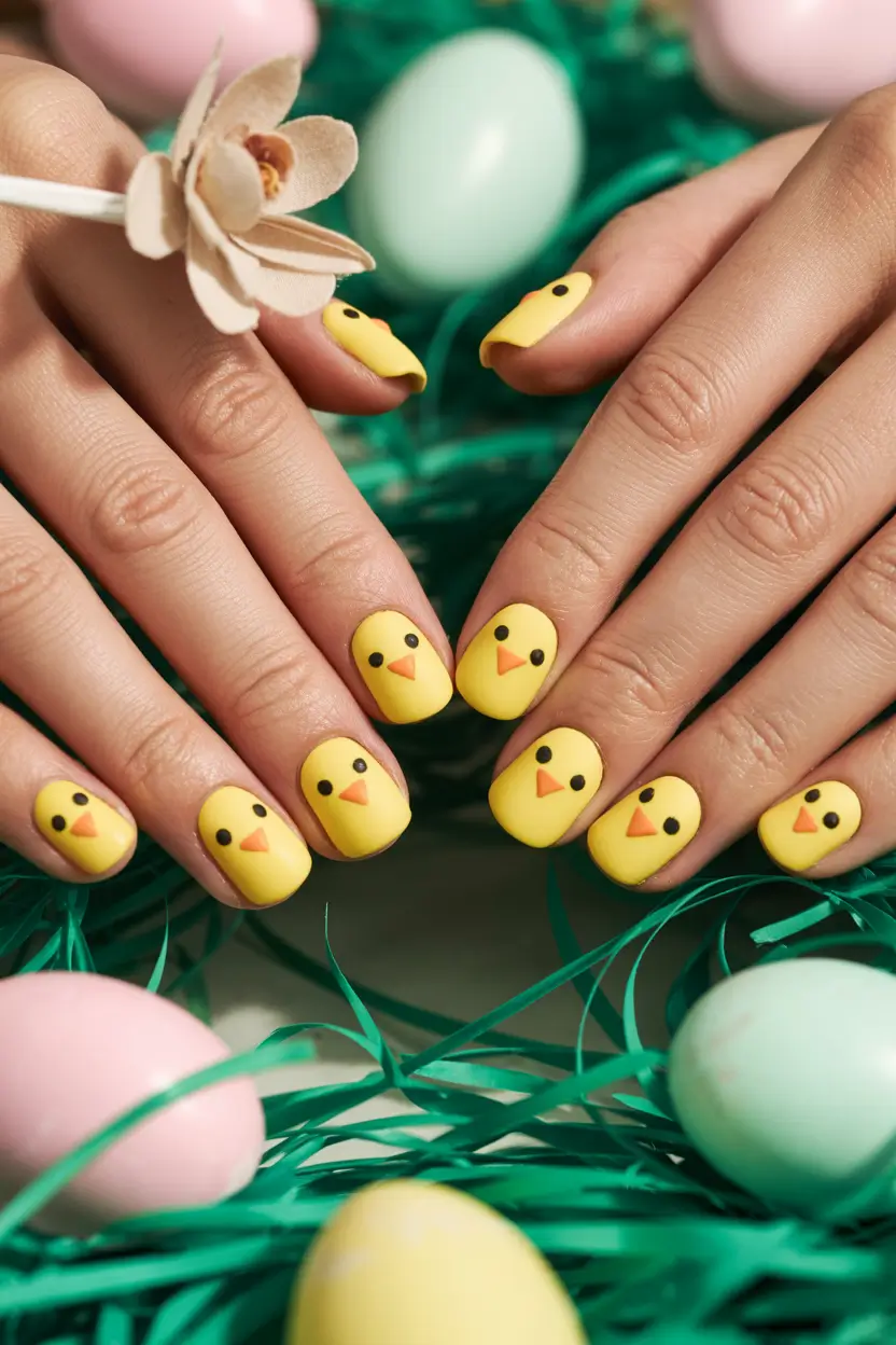 cute easter nail art ideas 2026 Chick Inspired Short Easter Nail Designs