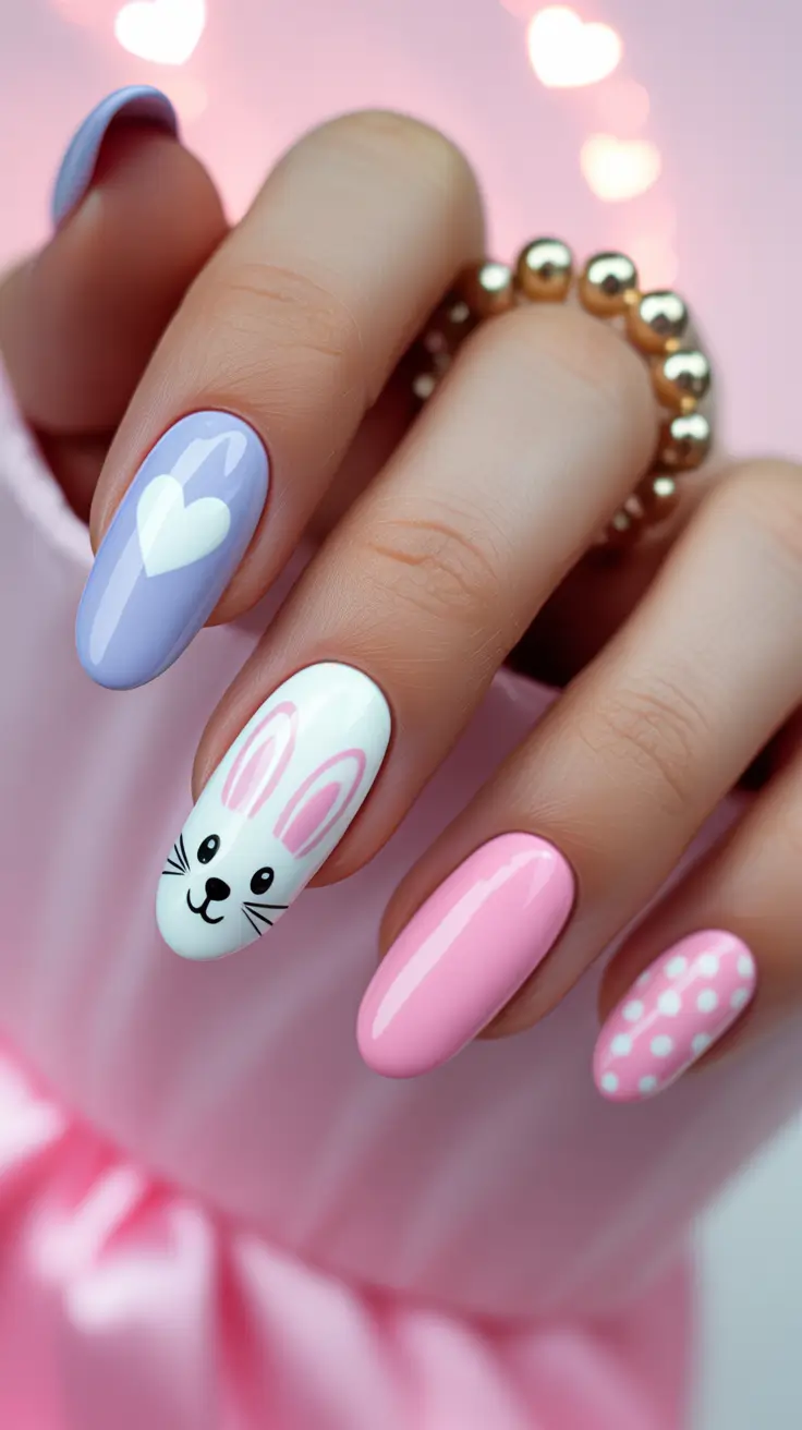 cute easter nail art ideas 2026 Cute Bunny and Heart Pastel Easter Nail Art