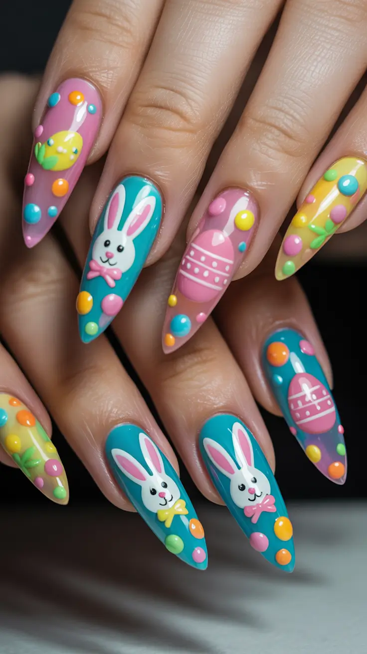 cute easter nail art ideas 2026 Colorful Easter Bunny Party Nail Designs