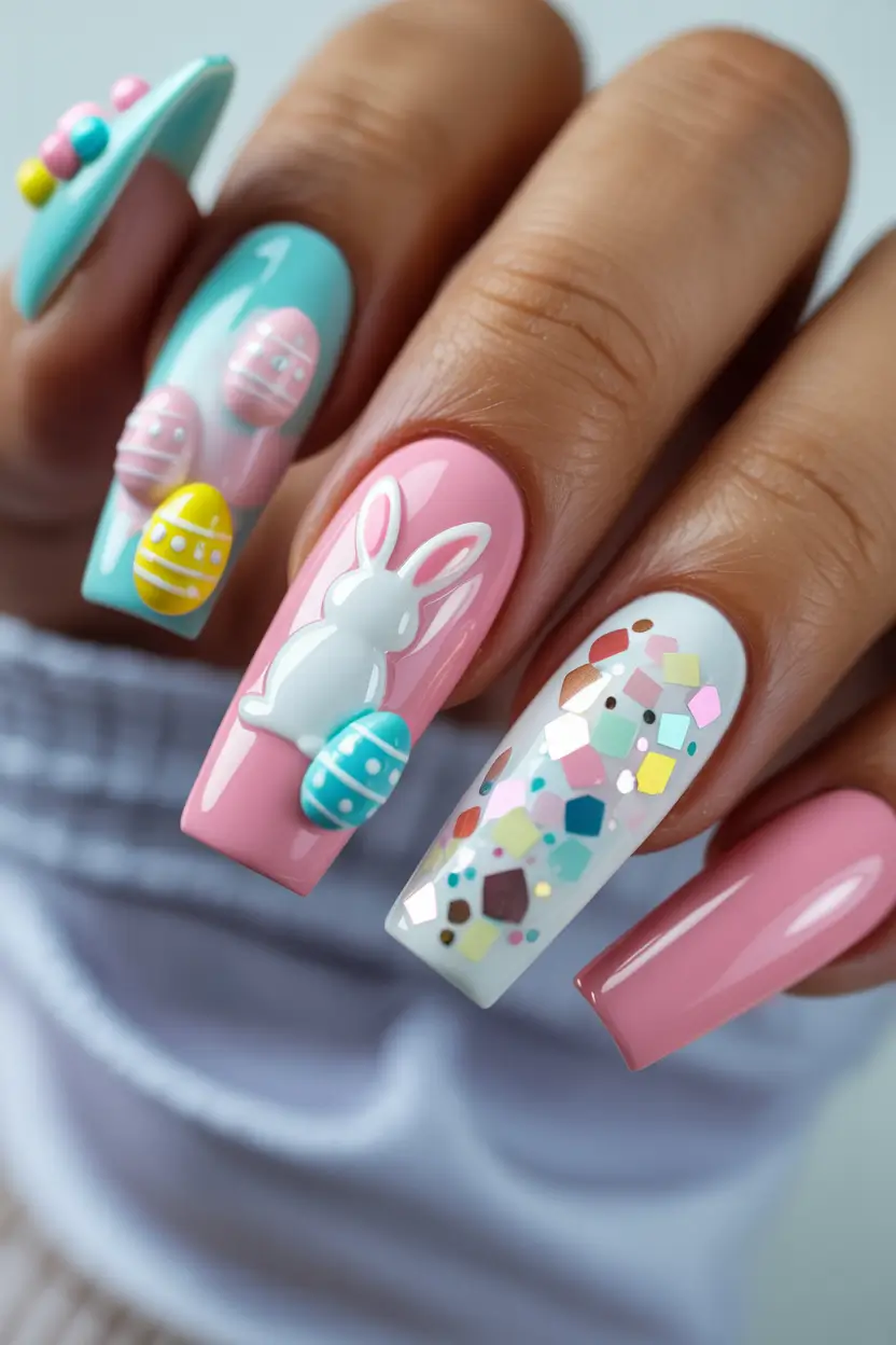 cute easter nail art ideas 2026 Confetti Bunny Easter Acrylic Nail Designs