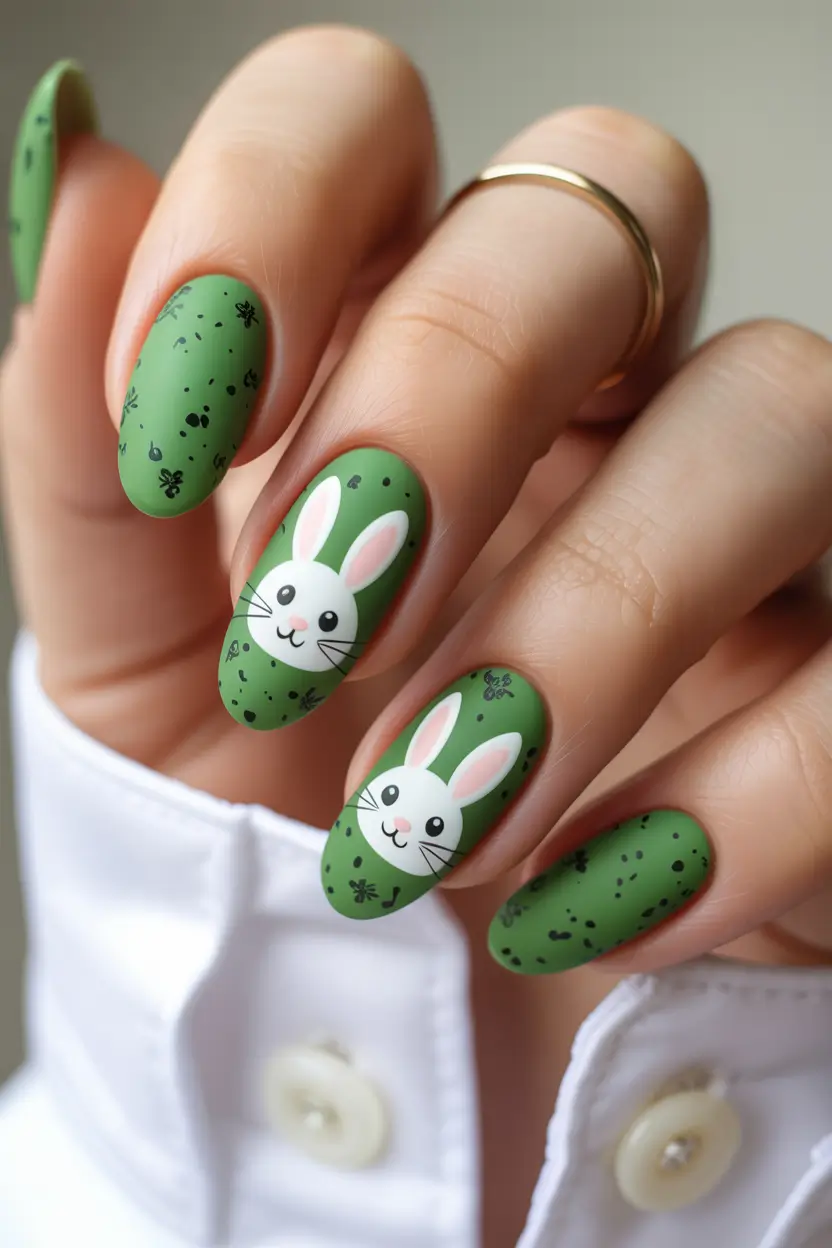 cute easter nail art ideas 2026 Speckled Green Bunny Spring Nail Art