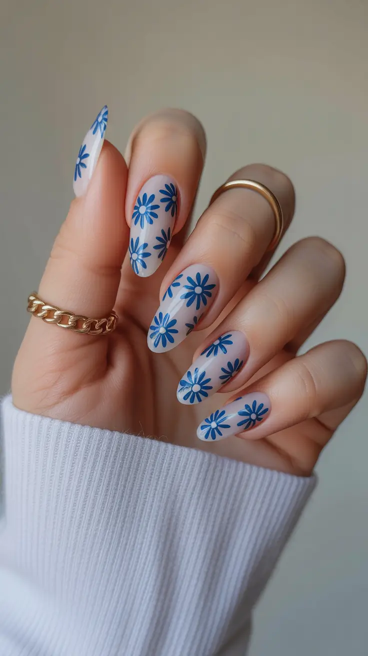 cute easter nail art ideas 2026 Soft Blue Daisy Spring Nail Designs