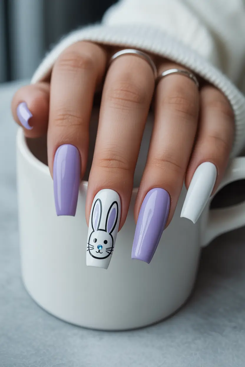 cute easter nail art ideas 2026 Lavender Bunny Easter Acrylic Nails