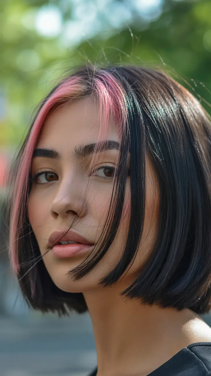 spring bob haircut Dark Blunt Bob With Pink Accent Panel