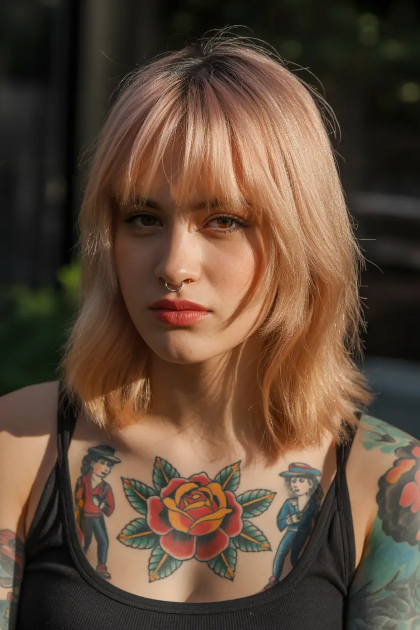 spring mid length haircut Shag Inspired Mid Length Cut With Wispy Bangs