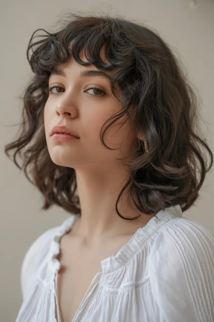 spring mid length haircut Soft Curly Mid Length Cut With Playful Fringe