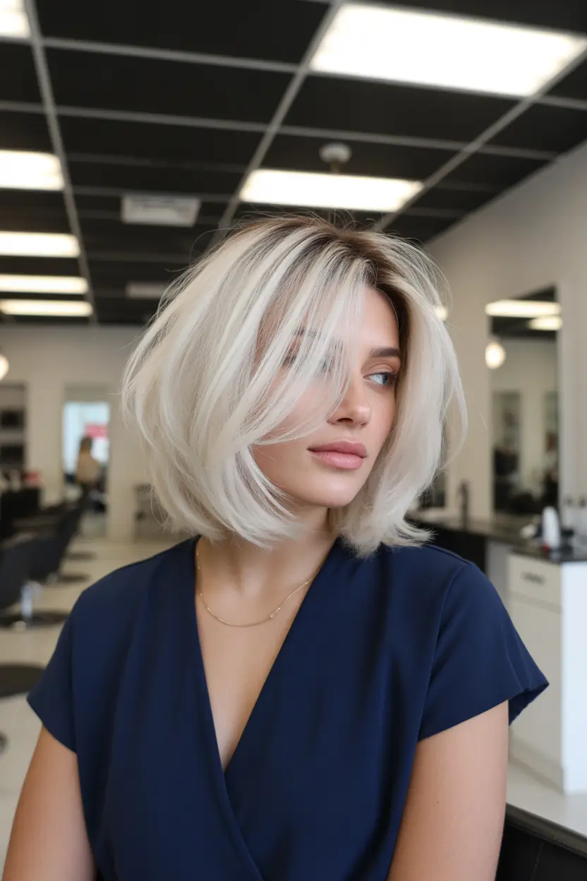 spring mid length haircut Voluminous Platinum Mid Length Blowout Layers