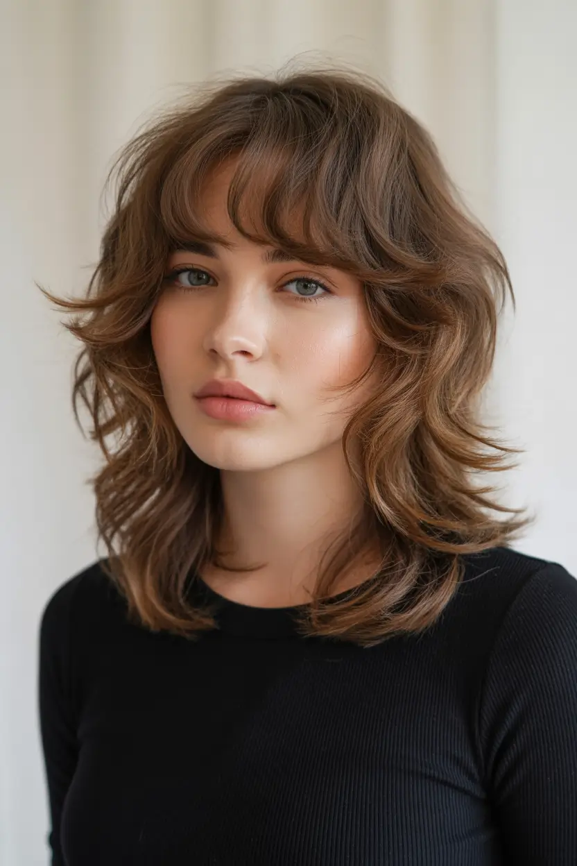 spring mid length haircut Soft Layered Mid Length Cut With Airy Bangs