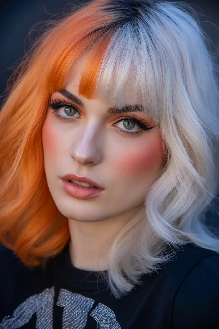 spring mid length haircut Bold Split Color Mid Length Bob With Graphic Bangs