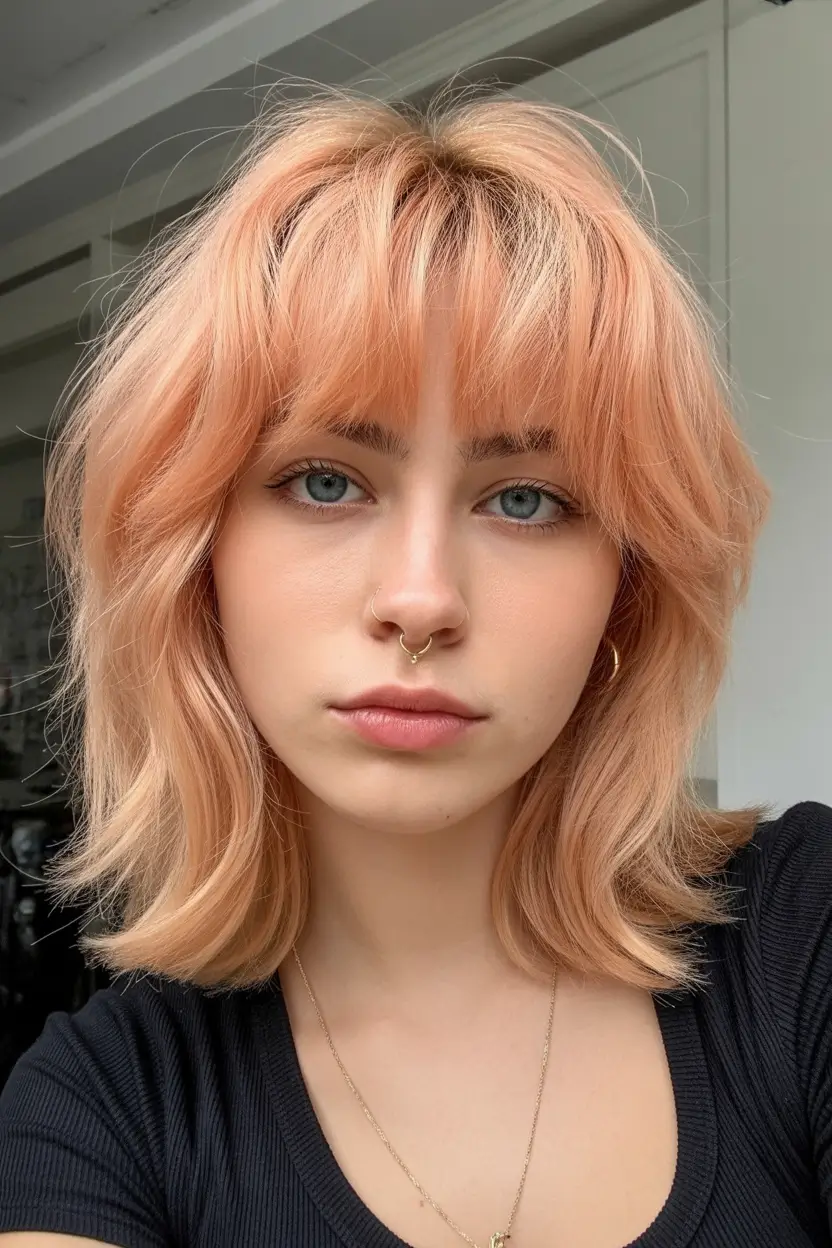 spring mid length haircut Peach Blonde Mid Length Layers With Soft Fringe